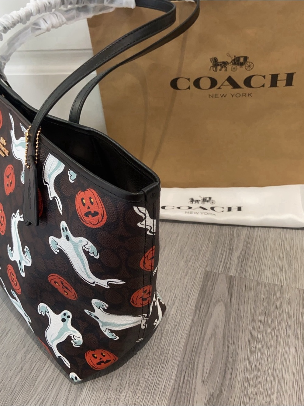 Coach Brown Tote with White Ghosts and Orange Pumpkins - Picture 5 of 8